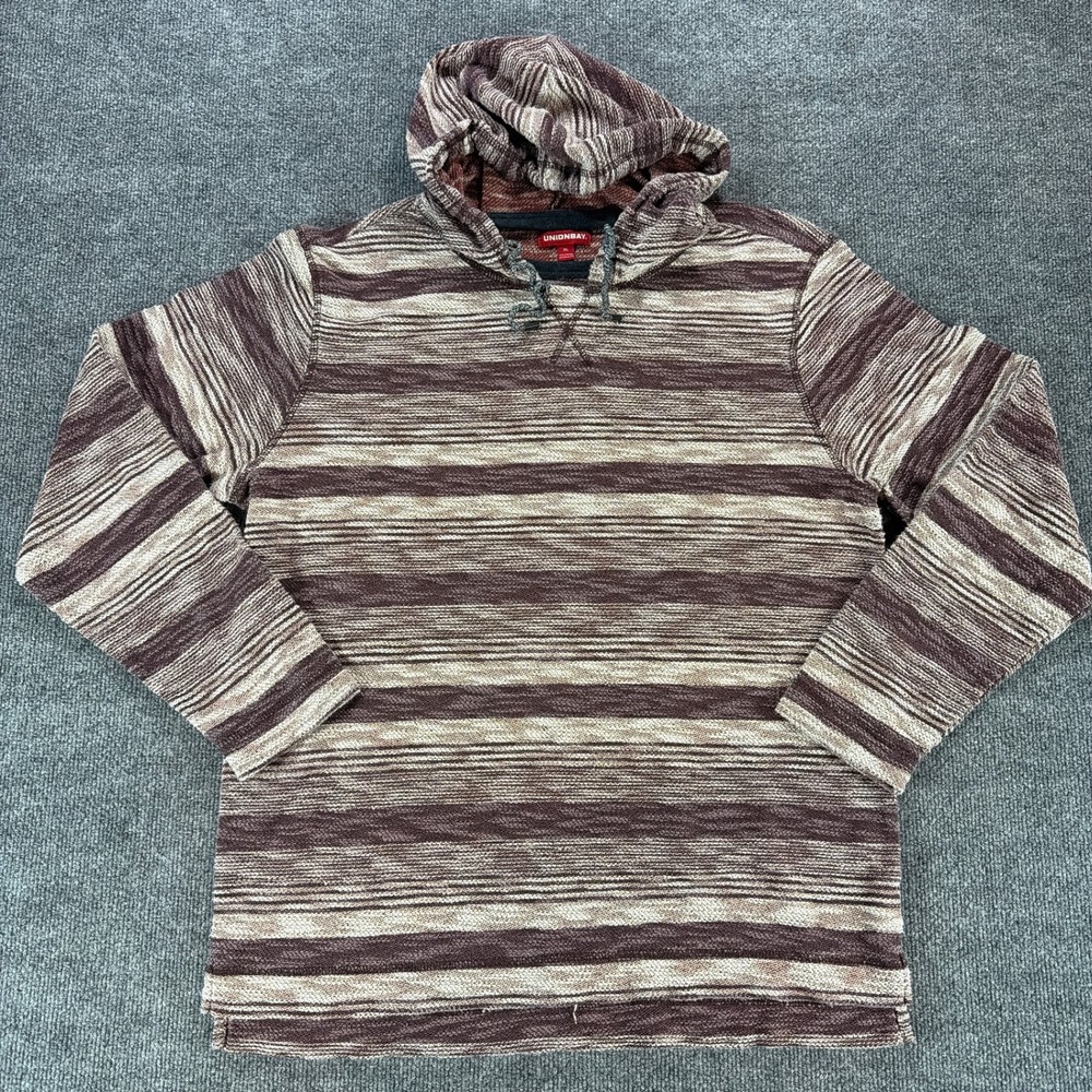 Y2K Unionbay XL Pullover Hoodie Burgundy Brown Stripe Slub Knit Poncho 420 Smoke